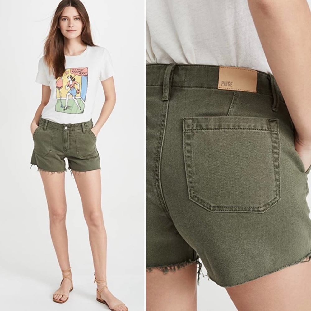 Paige Mayslie Utility Cutoff Shorts Raw Hem Vintage Olive Ivy Green size 29 NWT